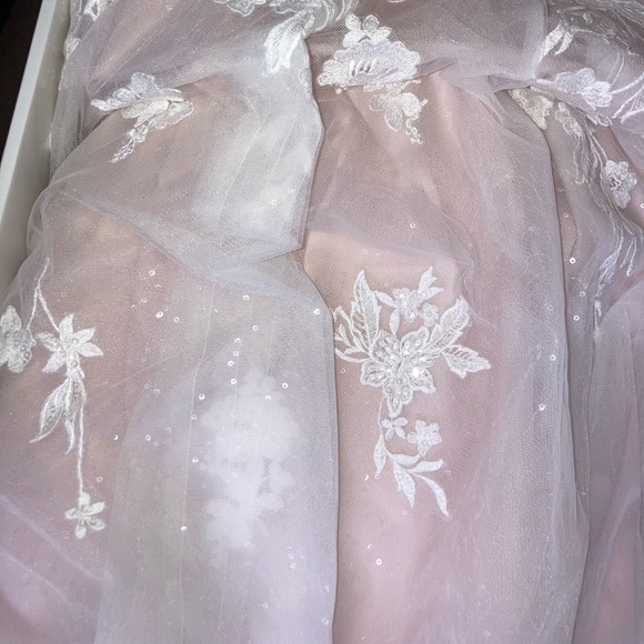 Champagne rose color lace wedding gown worn once. Size 10/12. Lace white veil - Picture 7 of 11